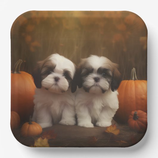 Shih Tzu Puppy Herfst Delight Pompoen Papieren Bordje (Voorkant)