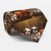 Shih Tzu Puppy Herfst Delight Pompoen Stropdas (Opgerold)