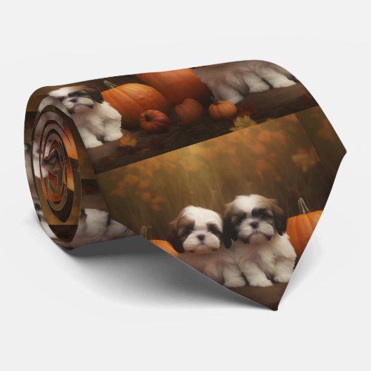Shih Tzu Puppy Herfst Delight Pompoen Stropdas (Opgerold)