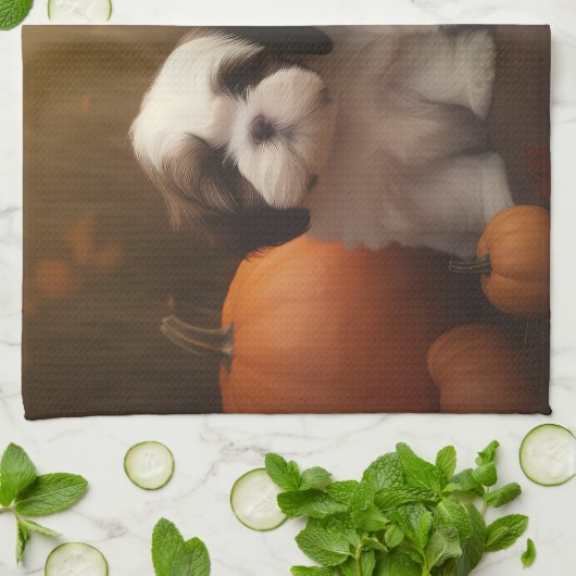 Shih Tzu Puppy Herfst Delight Pompoen Theedoek (Gevouwen)