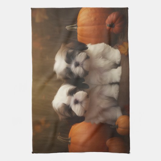 Shih Tzu Puppy Herfst Delight Pompoen Theedoek (Verticaal)