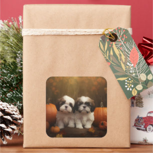 Shih Tzu Puppy Herfst Delight Pompoen Vierkante Sticker