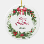 Shih Tzu Red Bow Holly krans Keramisch Ornament (Achterkant)