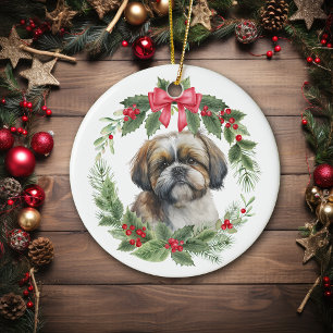 Shih Tzu Red Bow Holly krans Keramisch Ornament