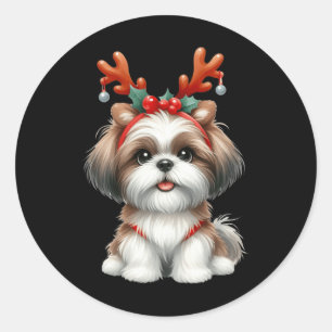 Shih Tzu Rendier Santa Hat Kerstverlichting Kerstm Ronde Sticker
