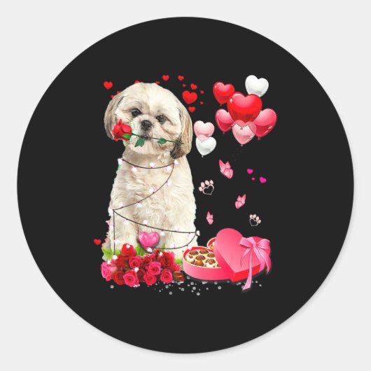 Shih Tzu Rose Heart Happy Valentine Day Dog Mom  Ronde Sticker (Voorkant)