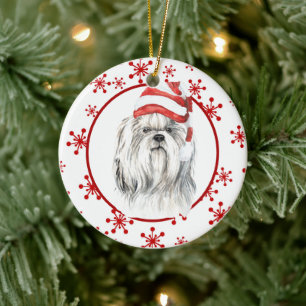Shih Tzu Santa Hat Red Snowflake Keramisch Ornament