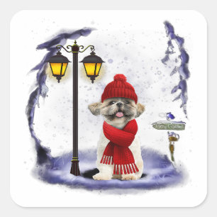 Shih Tzu Santa Snow Light Winter Gift Vierkante Sticker