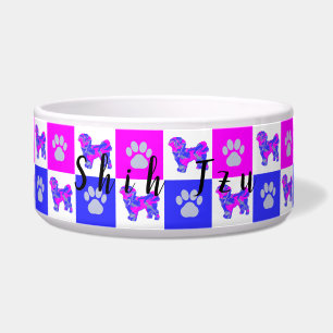 Shih Tzu Silhouette Dog & Paw Hot Pink & Blue Voerbakje