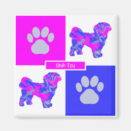 Shih Tzu Silhouette Dog & Paw Pink and Blue Square Magneet