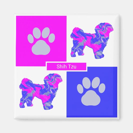 Shih Tzu Silhouette Dog & Paw Pink and Blue Square Magneet (Voorkant)