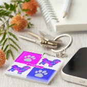Shih Tzu Silhouette Dog & Paw Pink and Blue Square Sleutelhanger (Voorkant Rechts)
