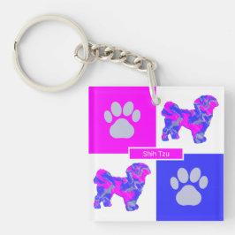 Shih Tzu Silhouette Dog & Paw Pink and Blue Square Sleutelhanger
