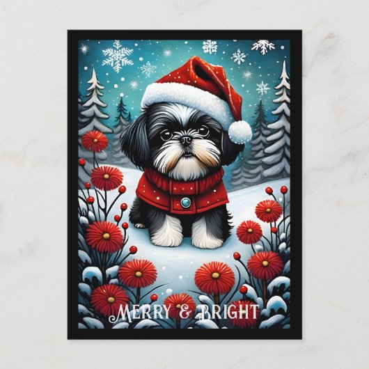 Shih Tzu Sneeuwrijke Bloemenweide Santa Hond Kerst Briefkaart (Voorkant)