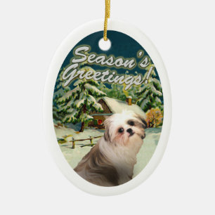 Shih Tzu Snow Cabin kerstversiering Keramisch Ornament
