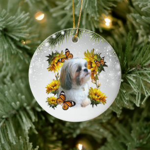 Shih Tzu Sunflower Butterfly memorial poets afdruk Keramisch Ornament