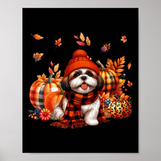 Shih Tzu Thanksgiving Leopard Pumpkins Fall Leaves Poster (Voorkant)