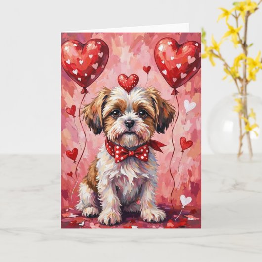 Shih Tzu Valentine Dog Sitting with Hearts Red Kaart (Gele Bloem)