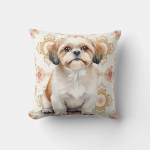 Shih Tzu Waterverf Bloem Medaillon Kunst Kussen