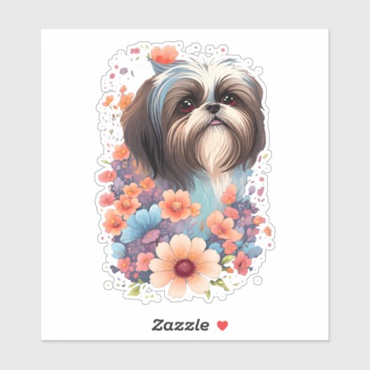 Shih Tzu Waterverf Leuk Bloemen Dog Art Hondenlief Sticker (Vel)