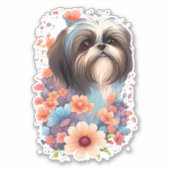 Shih Tzu Waterverf Leuk Bloemen Dog Art Hondenlief Sticker (Voorkant)