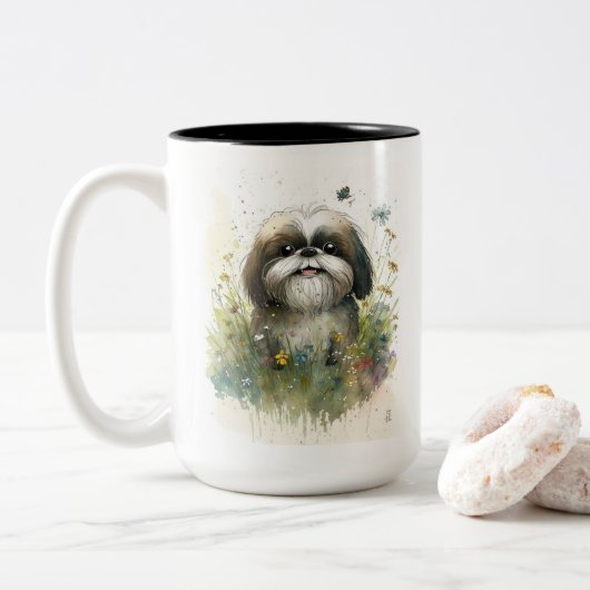 Shih Tzu Waterverf Whimsical Tweekleurige Koffiemok (Met donut)