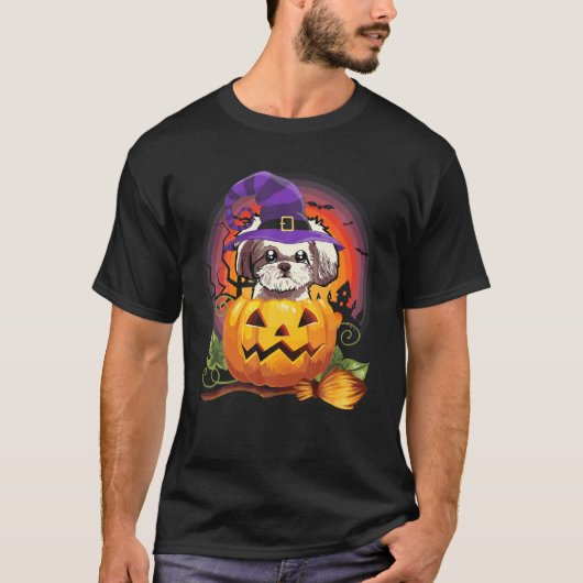 Shih Tzu Witch Pumpkin Halloween Hondenliefhebber  T-shirt (Voorkant)