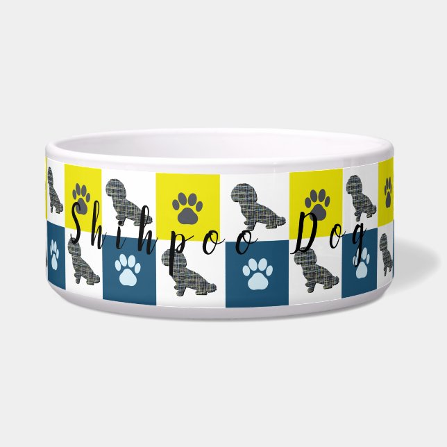 Shihpoo Dog & Paw Print Yellow Blue Net Bowl Voerbakje (Voorkant)