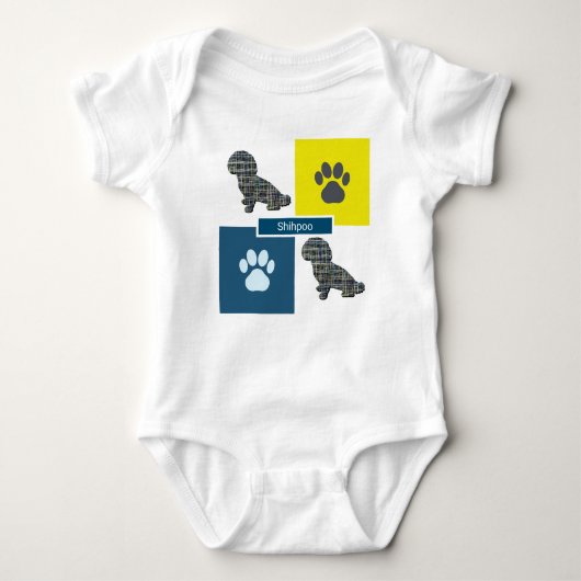 Shihpoo Dog & Paw Print Yellow Grid Silhouette Romper (Voorkant)