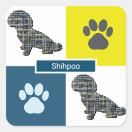 Shihpoo Dog Silhouette & Paw Print Y&B Grid Vierkante Sticker