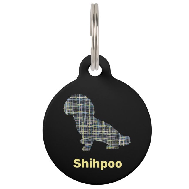 Shihpoo Dog Silhouette Yellow & Black Grid Lines Huisdierpenning (Voorkant)