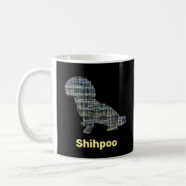 Shihpoo Dog Silhouette Yellow & Black Grid Lines Koffiemok