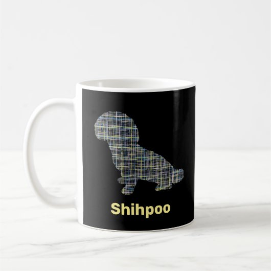 Shihpoo Dog Silhouette Yellow & Black Grid Lines Koffiemok (Links)