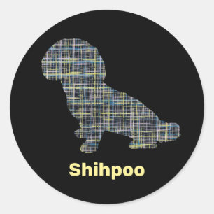 Shihpoo Dog Silhouette Yellow & Black Grid Lines Ronde Sticker