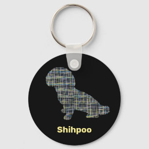 Shihpoo Dog Silhouette Yellow & Black Grid Lines Sleutelhanger