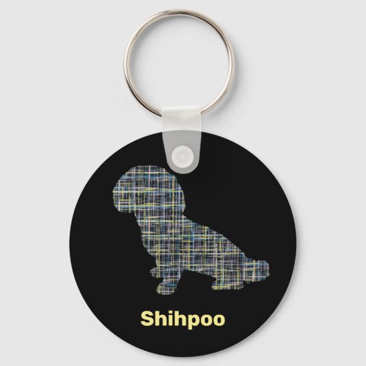 Shihpoo Dog Silhouette Yellow & Black Grid Lines Sleutelhanger (Voorkant)
