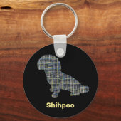 Shihpoo Dog Silhouette Yellow & Black Grid Lines Sleutelhanger (Voorkant)