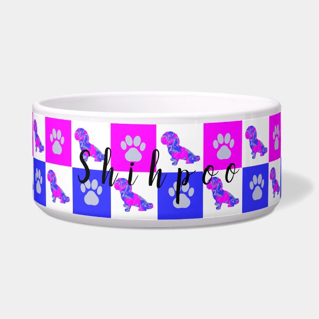 Shihpoo Silhouette Dog & Paw Hot Pink & Blue Voerbakje (Voorkant)