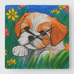 Shihtzu puppy krijt look kunstklok vierkante klok