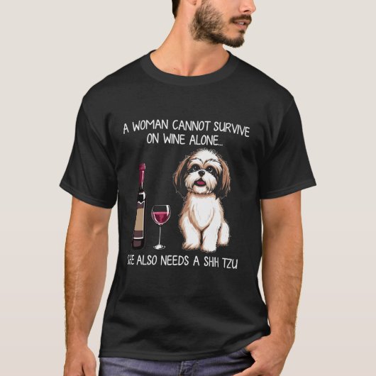 Shihzu en wijn Grappige Hond retro T-shirt (Voorkant)