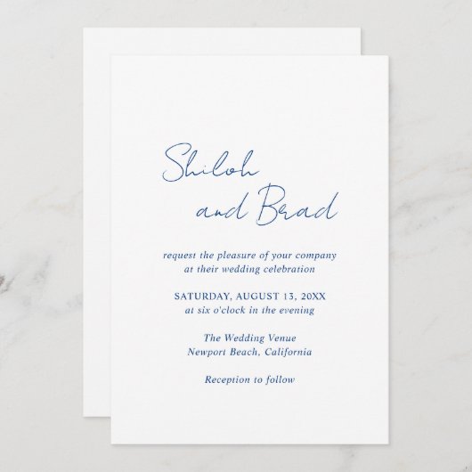 Shiloh Navy Blue Modern Elegant Huwelijk Kaart (Voorkant / Achterkant)