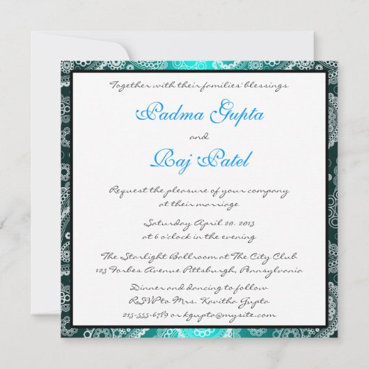 Shimmer Aqua en White Paisley Wedding Invitation Kaart (Achterkant)