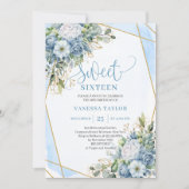 Shimmer Dusty Blue White Peonies Sweet 16 Invites Kaart (Voorkant)