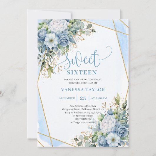 Shimmer Dusty Blue White Peonies Sweet 16 Invites Kaart (Voorkant)