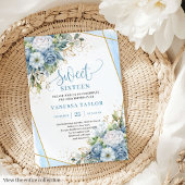 Shimmer Dusty Blue White Peonies Sweet 16 Invites Kaart