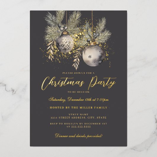 Shimmer Gold Baubles Kerstfeest Folie Uitnodiging (Voorkant)