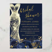 Shimmer Jurk Navy Goud Bloemen Roos Vrijgezellenfe Folie Uitnodiging (Voorkant)