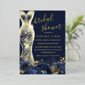 Shimmer Jurk Navy Goud Bloemen Roos Vrijgezellenfe Folie Uitnodiging (Staand Voorkant)