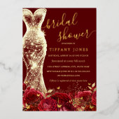 Shimmer Jurk Rood Goud Bloemen Roos Vrijgezellenfe Folie Uitnodiging (Voorkant)