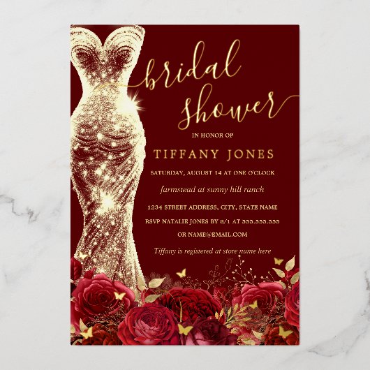 Shimmer Jurk Rood Goud Bloemen Roos Vrijgezellenfe Folie Uitnodiging (Voorkant)